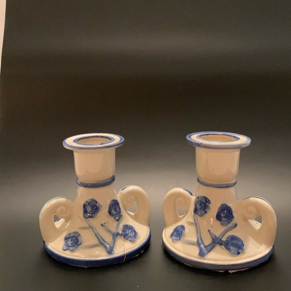 JAPAN Other - VINTAGE PAIR CANDLE HOLDERS BLUE/CREME CHINA JAPAN FLORAL NON SCRATCH STRIPS